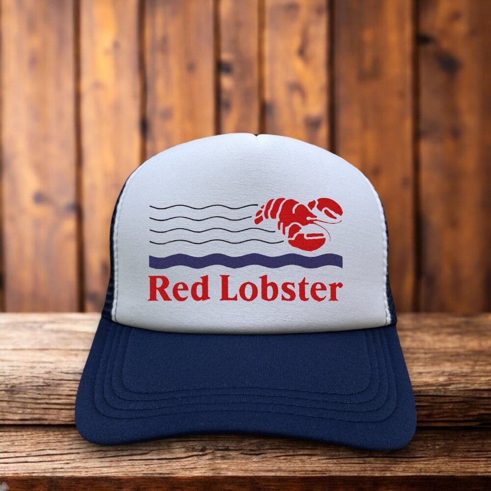 Red Lobster Mens Trucker Hat Navy Vintage Logo Seafood Fast Food Restaurant Cap